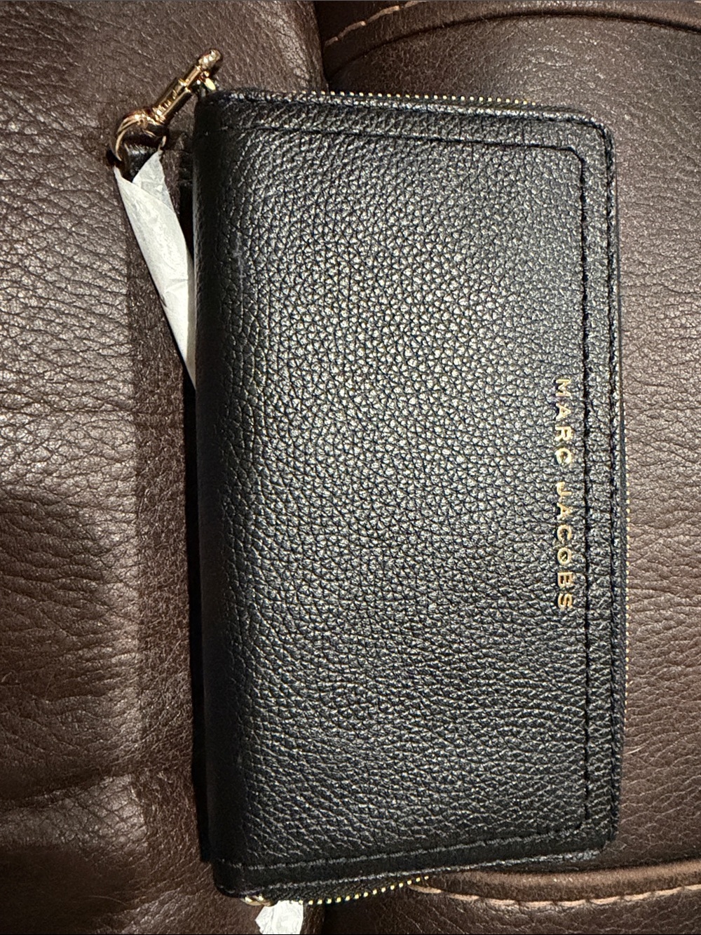 Marc Jacobs Black Pebbled Leather Zip Phone Wallet with Gold Logo